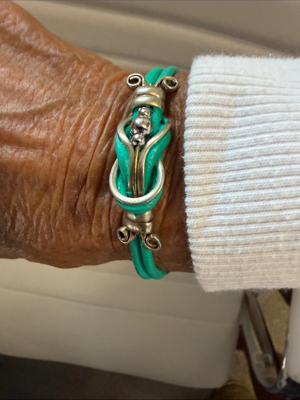 Hand Crafted Turquoise Leather Bracelet with Silver Accents